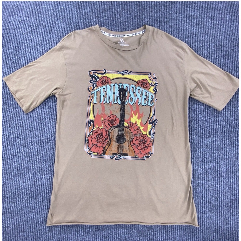 Organic Generation Tennessee Graphic Tee Men Medium Khaki Guitar Roses Western